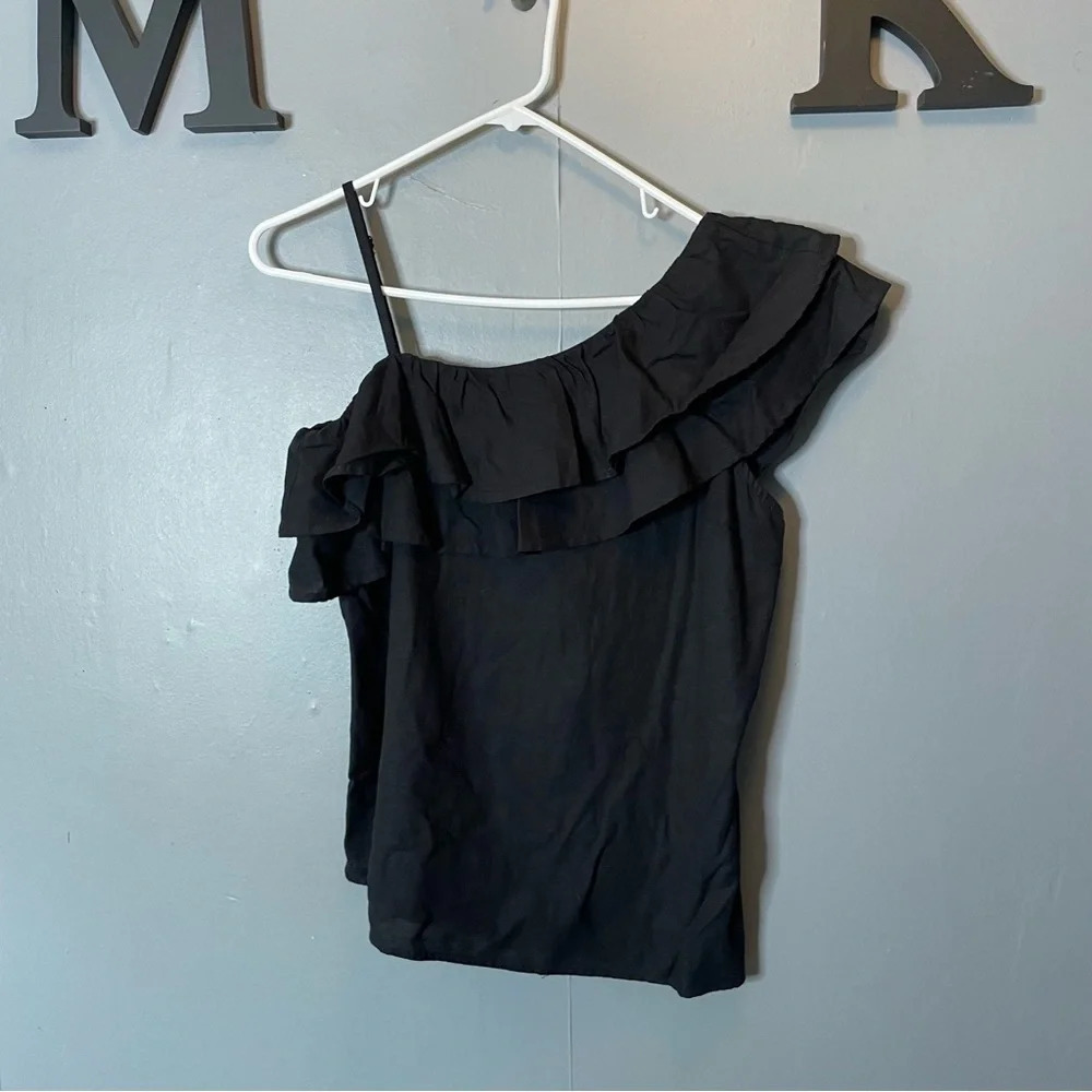 Old navy black linen one shoulder ruffle top size small